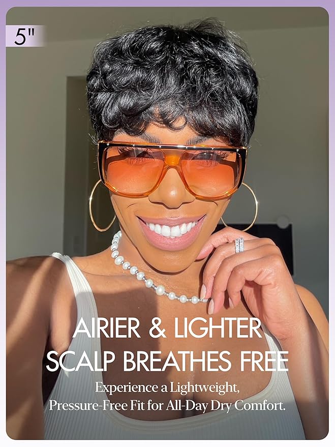 LUVME HAIR Ultra Comfort Throw On & Go Short Pixie Cut with Bangs 5 Inches Skin Friendly Cotton Cap 100% Real Human Hair Glueless Wig Glueless Wig Hair Loss Friendly Full Machine Made 22.5 Wig Cap
