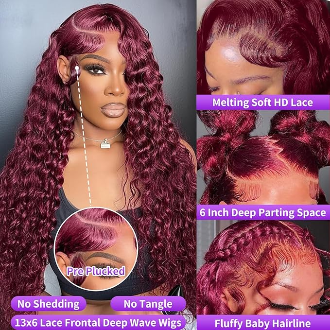 18 Inch 99J Burgundy Lace Front Wigs Human Hair Deep Wave 13x6 HD Lace Front Wigs Pre Plucked with Baby Hair Wet and Wavy Human Hair Wig 200% Density Deep Curly Frontal Wigs for Black Women