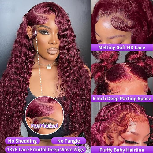 34 Inch 99J Burgundy Lace Front Wigs Human Hair Deep Wave 13x6 HD Lace Front Wigs Pre Plucked with Baby Hair Wet and Wavy Human Hair Wig 200% Density Deep Curly Frontal Wigs for Black Women