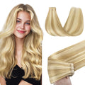 GOO GOO Tape in Hair Extensions Human Hair, 18D/22F Dirty Blonde Highlights, 16inch 50g 20pcs, Skin Weft Seamless Invisible, Silky Straight with Thick Ends, Remy Human Hair