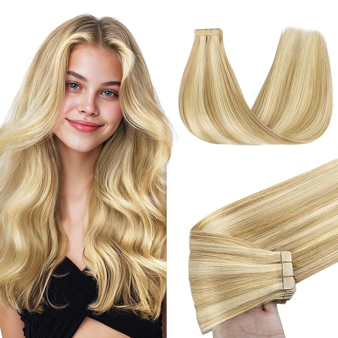 GOO GOO Tape in Hair Extensions Human Hair, 18D/22F Dirty Blonde Highlights, 18inch 50g 20pcs, Skin Weft Seamless Invisible, Silky Straight with Thick Ends, Remy Human Hair