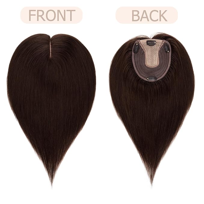 Hair Toppers for Women Real Human Hair No Bangs, 13 * 15 cm Larger Silk Base 150% Density Clip In Topper Hairpieces, Wiglet Top Pieces Add Volume -10 Inch 02 Dark Brown