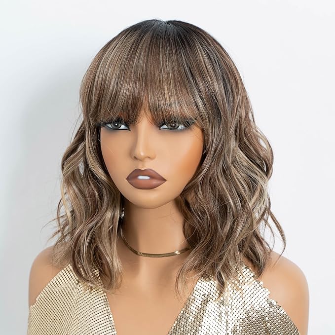 NOBLE Bob Wig with Bangs Short Wavy Wig for Women Ombre Mix Blonde Shoulder Length Wig Heat Resistant Synthetic Wigs for Daily Party Use 12 Inches