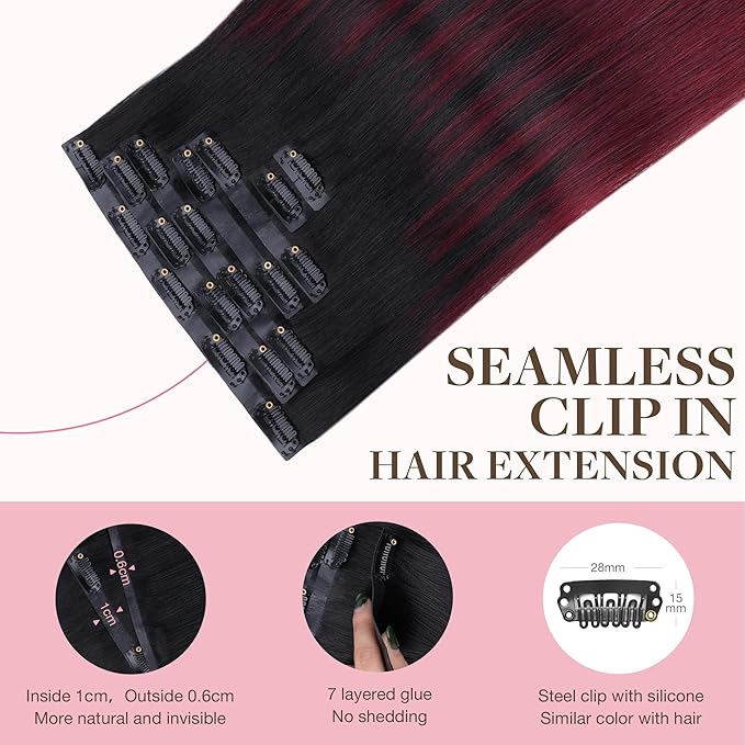 GOO GOO Clip in Hair Extensions Real Human Hair, Remy Human Hair Extensions Clip ins for Women, Natural Human Hair, 16inch 110g 7 Pcs, #1/99j Balayage Jet Black to Red Seamless Blend