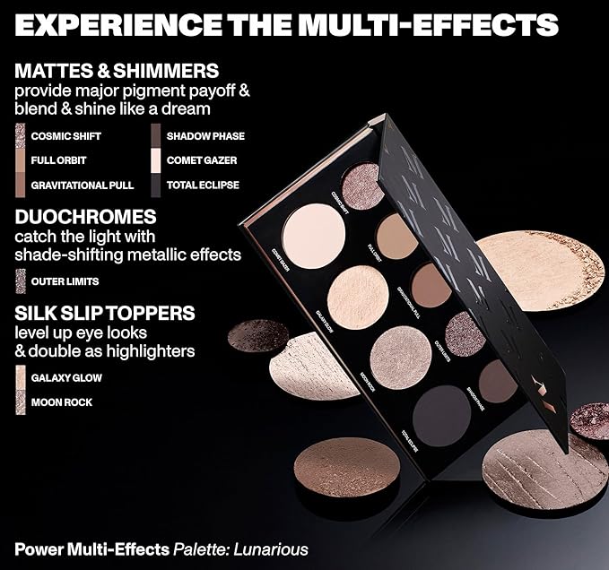 Morphe Makeup Palette - Power Multi-Effects Palette with Mattes, Shimmers, Duochromes & Silk Slip Toppers - Made to Build, Blend & Layer for Everyday Versatile Makeup Looks - Lunarious (0.65 oz)