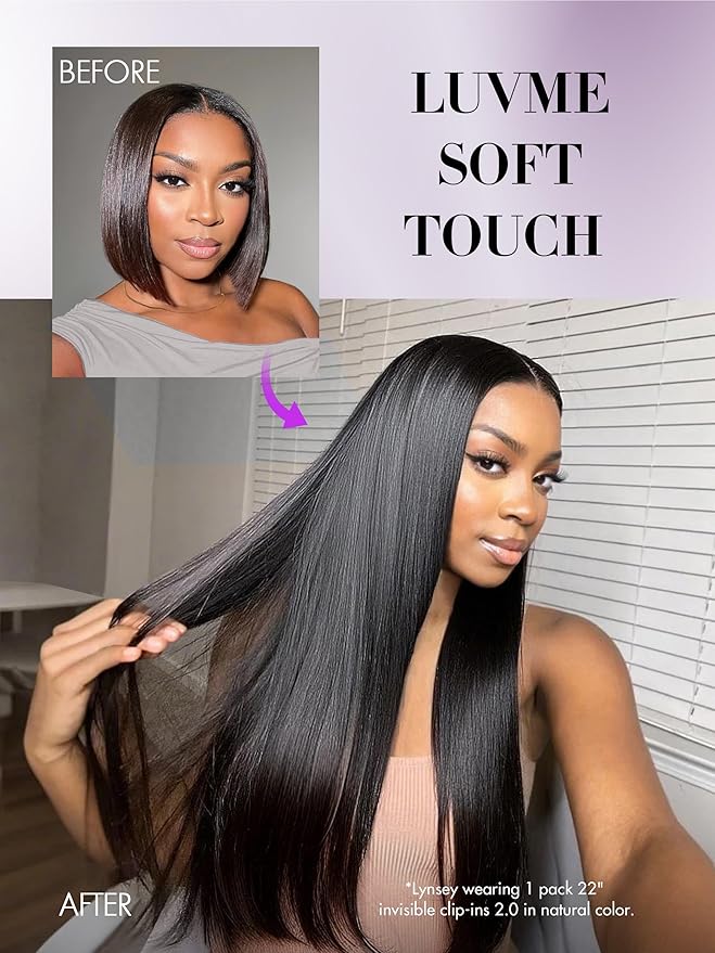 LUVME Invisible Clip in Hair Extensions, Yaki Straight Real Human Hair 18 Inch 2 Pack 220g 12pcs Clip ins Hair Extensions Natural Black for Women