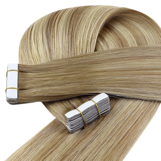 YoungSee Human Hair Tape in Extensions Balayage Tape in Hair Extensions Human Hair Extensions Tape in Ombre Brown to Platinum Blonde Invisible Tape-in Hair Extension Human Hair 14In 20pcs 50g Straight