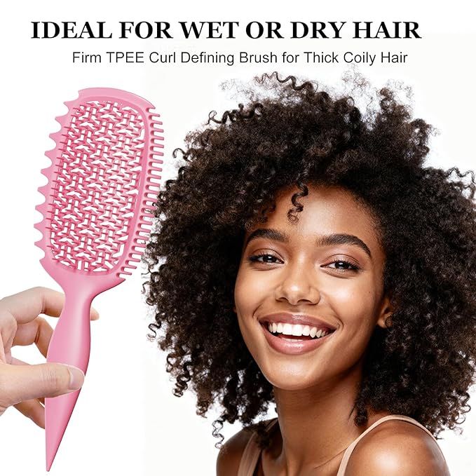 Curl Defining Brush for Thick Coily Hair, Firm-Bristle TPEE Detangling Brush for Coarse 4A–4C Curls, Dual-Sided Wide & Narrow Tooth Brush for Wet & Dry Curl Shaping– Women & Men (2054-Pastel Pink)