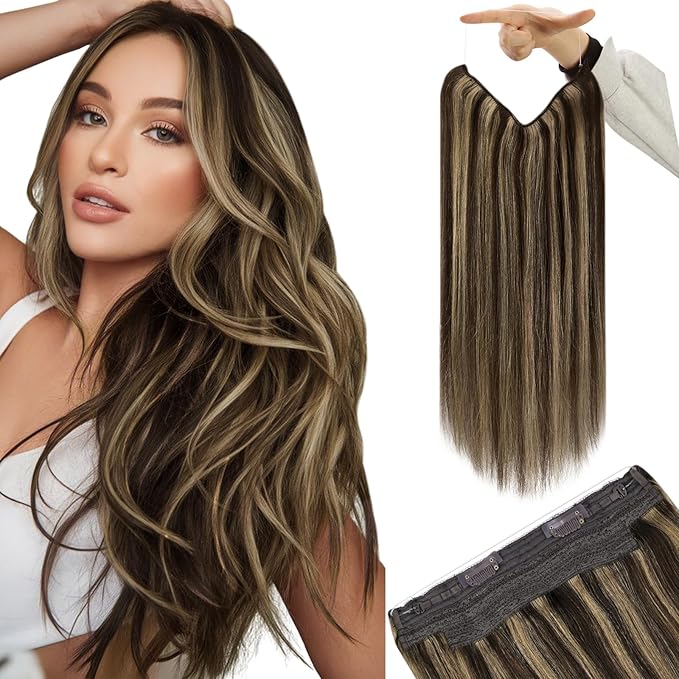 YoungSee Wire Hair Extensions Highlight Wire Human Hair Extensions Dark Brown Highlights Caramel Blonde One Piece Hair Extension Short Straight Hair 12inch 70g