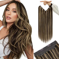 YoungSee Highlight Wire Hair Extensions Real Human Hair Invisible Wire Hair Extensions Dark Brown Highlights Caramel Blonde Fish Line Hair Extension Human Can Be Dyable 14inch 80g