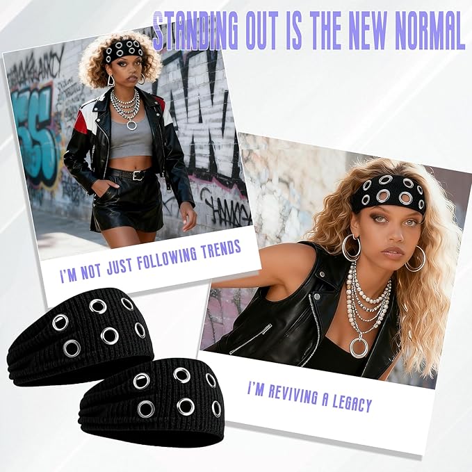 Meifuly Y2k Grommet Headband, Hollow Eyelet Elastic Headband, Punk Retro Wide Stretchy Hairband for Raves, Grunge Outfits,3.6" wide