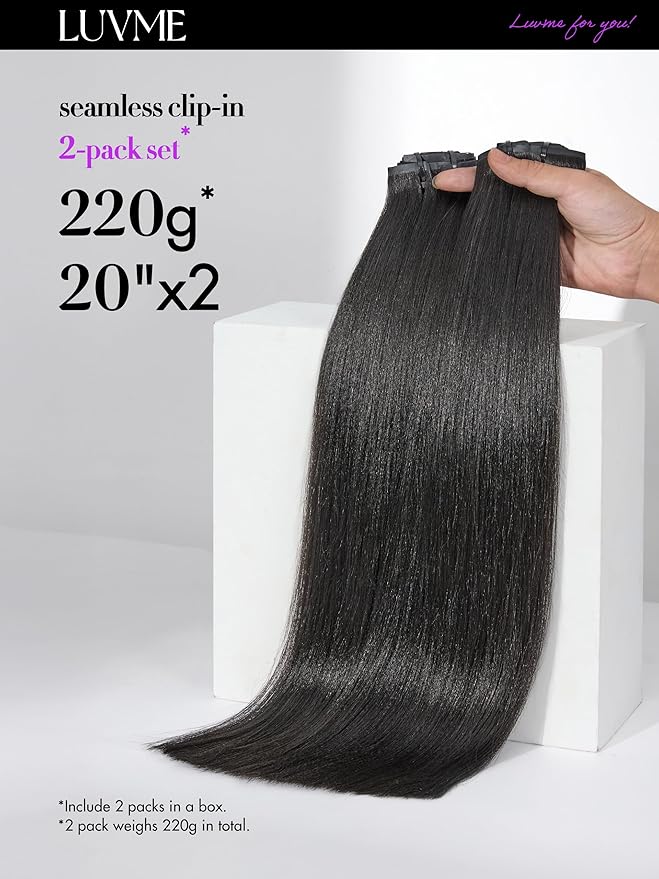 LUVME Yaki Straight Seamless 2 Pack 220g 14Pcs Clip in Hair Extensions Full Max with 22inch Remy Human Hair Extensions, Natural Black 100% Real Soft Hair