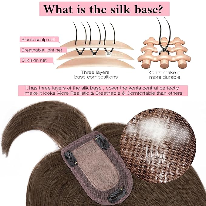 SEGO 100% Real Human Hair Toppers, with Air Bangs, Silk Base 150% Density, Clip in Topper, 2.7”x5.1”, HairPieces for Women, with Thinning/Hair Loss Cover Gray