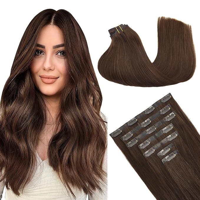 GOO GOO Clip in Hair Extensions Real Human Hair, Remy Human Hair Extensions Clip ins for Women, Natural Human Hair, 16inch 130g 7Pcs, 4A Chocolate Brown