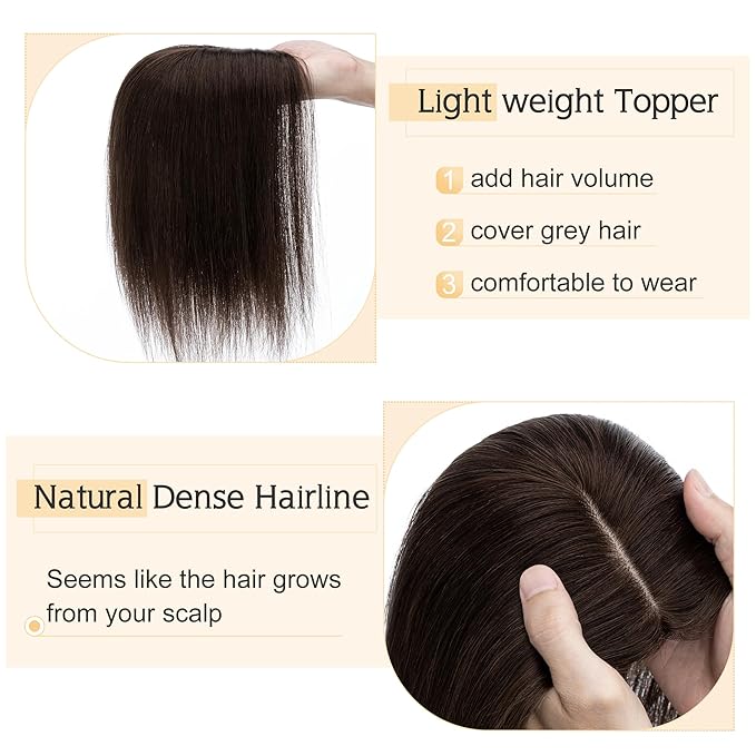SEGO Human Hair Toppers for Women With Thinning Hair, 7 * 13CM Silk Base 100% Real Human Hair Clip in Top Wiglet Hairpieces -12 Inch No Bangs Dark Brown
