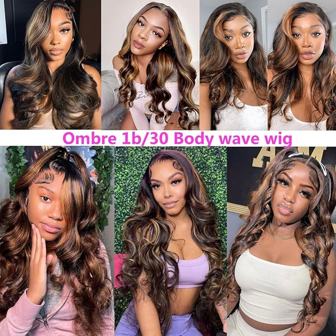 Highlight Ombre Lace Front Wigs Human Hair Body Wave 1B/30 Ombre 9x6 Lace Frontal Wigs Pre Plucked Colored Brown Highlight Wigs 32 Inch Balayage Wigs Glueless Human Hair Wigs for Women