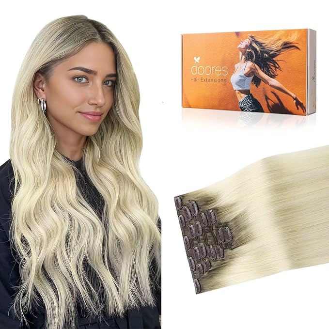 DOORES Clip in Hair Extensions Real Human Hair, Light Ash Brown to Ash Blonde 120g 7pcs 18 Inch, Remy Hair Extensions for Women Natural Straight Thick