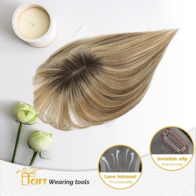 Hair Toppers with Thinning Hairs 100% Real Human Hair Toppers for Women 3D Cover Clip in Bangs 10inch Medium Brown Mix Blonde with Dark Brown Root Topper 120% Density #4T427