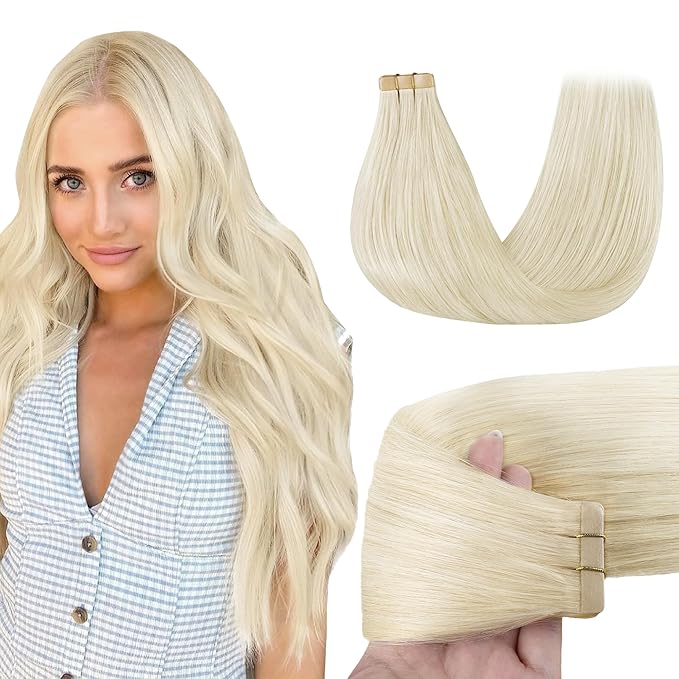 GOO GOO Tape in Hair Extensions Human Hair, 60A Platinum Blonde, 22inch 50g 20pcs, Skin Weft Seamless Invisible, Silky Straight with Thick Ends, Remy Human Hair
