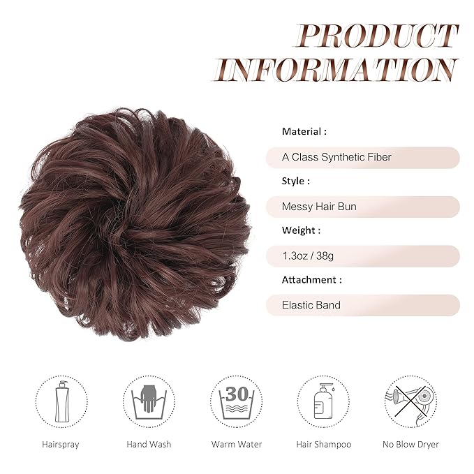 FESHFEN Messy Bun Hair Piece - Elastic Wavy Curly Hair Bun Scrunchies Extensions Synthetic Chignon Hairpieces for Women Girls, Dark Auburn 1.5 oz