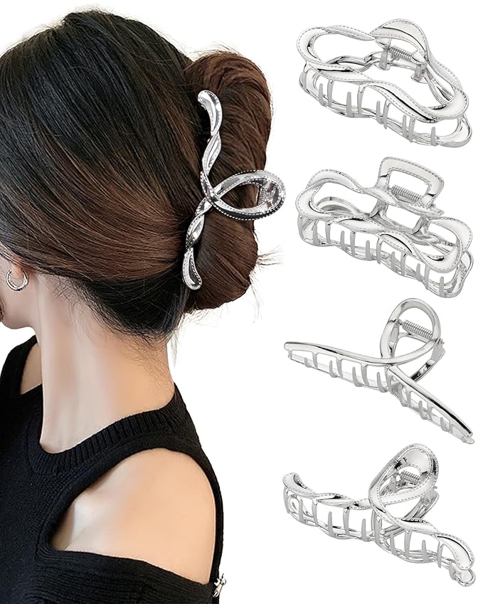 HAIMEIKANG 4 PCs Metal Hair Claw Clips for Women - Irregular Large Hair Clips for Thick Hair Thin Hair Non-Slip Hair Styling Accessories for Women Girls(Silver #3)