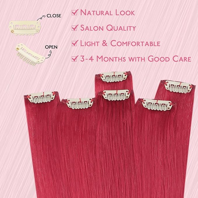 WENNALIFE Red Clip in Hair Extensions Real Human Hair 35g 6pcs 24 Inch Colored Hair Extensions for Kids Women Colorful Hair Pieces Pop-up Style Straight Extensiones De Cabello Humano Con Clip