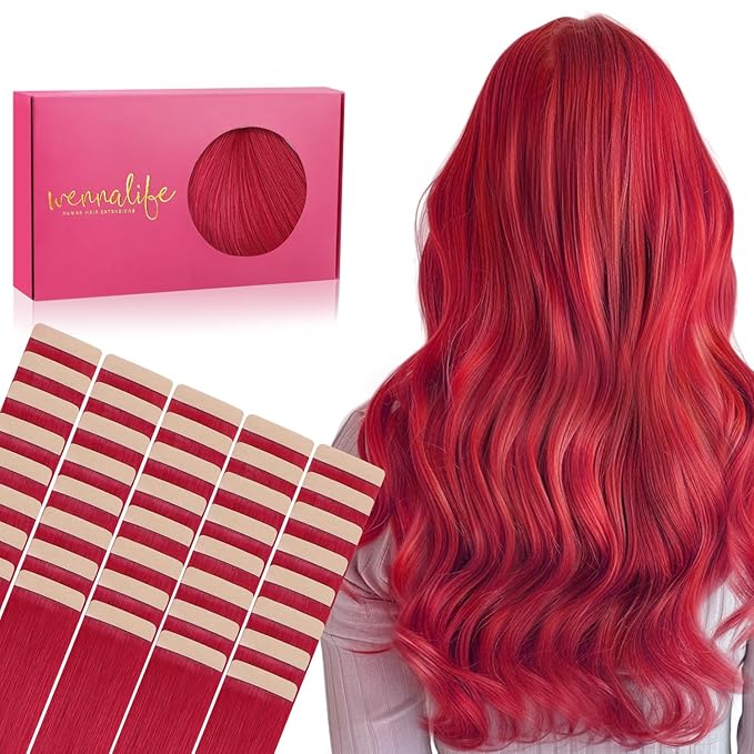 WENNALIFE Tape in Hair Extensions Human Hair, 40pcs 100g 20 inch Red Hair Extensions Real Human Hair Straight Tape in Extensions Invisible Human Hair Extensions Reusable Real Hair Extensions