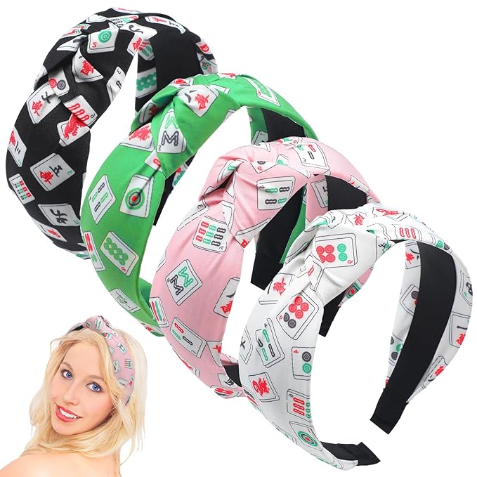 Norme 4 Pcs Mahjong Headbands Mahjong Tiles Knotted Headbands Trendy Wide Mah Jong Knotted Hairbands Colorful Fabric Non Slip Fashion Top Hair Accessories Mah Jong Gifts for Women Girls, 4 Styles