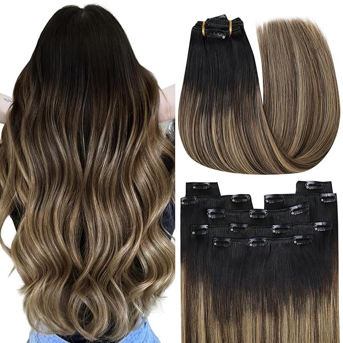 YoungSee 150G Clip in Hair Extensions Balayage Real Human Hair Extensions Clip ins Black Roots to Brown with Caramel Blonde Clip in Extensions Long Straight Hair 22Inch 7Pcs