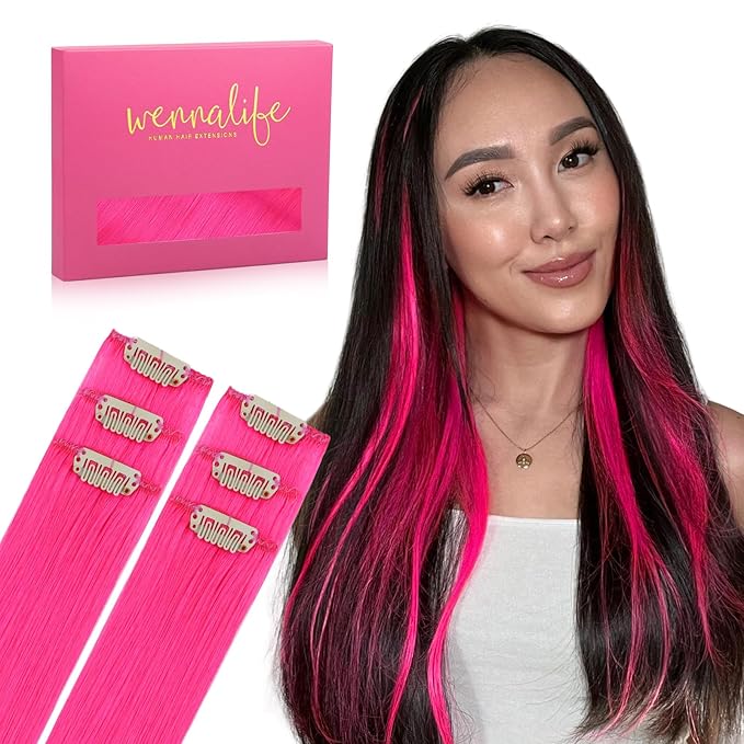 WENNALIFE Hot Pink Clip in Hair Extensions Real Human Hair 35g 6pcs 24 Inch Colored Hair Extensions for Kids Women Colorful Hair Pieces Pop-up Style Straight Extensiones De Cabello Humano Con Clip