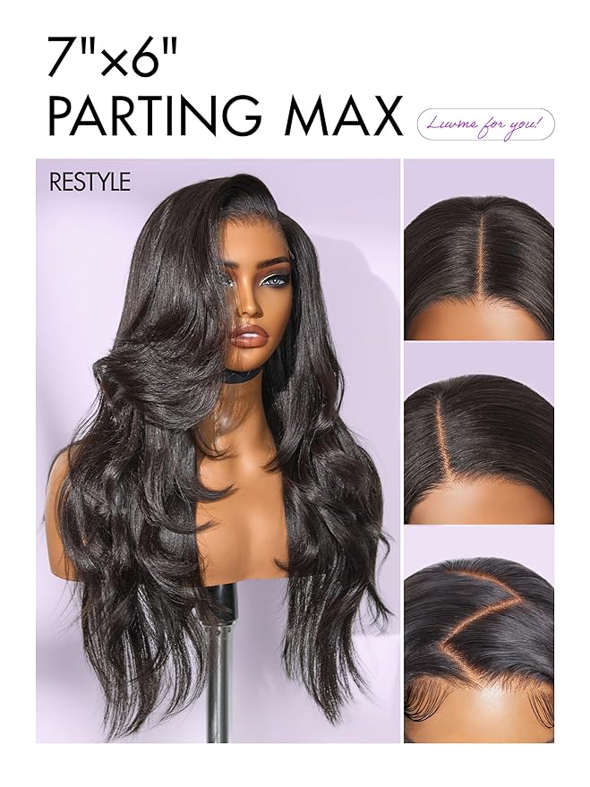 LUVME HAIR 7x6 All-Day Comfor Wig PartingMax Lace Wigs 200% Density Yaki Straight Lace Front Wigs Human Hair Pre Cut Plucked Lace Frontal Glueless Natural Black Color