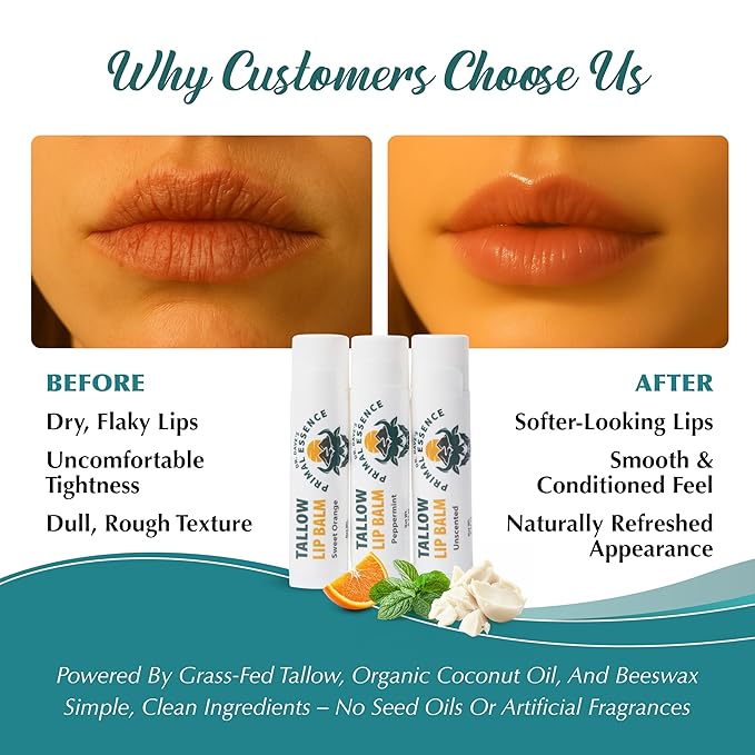 Moisturizing Tallow Lip Balm – Grass-Fed Beef Tallow with Organic Coconut Oil, Beeswax, and Vitamin E – Lip Balm Set – Variety Pack – Travel Essential – 3-Pack