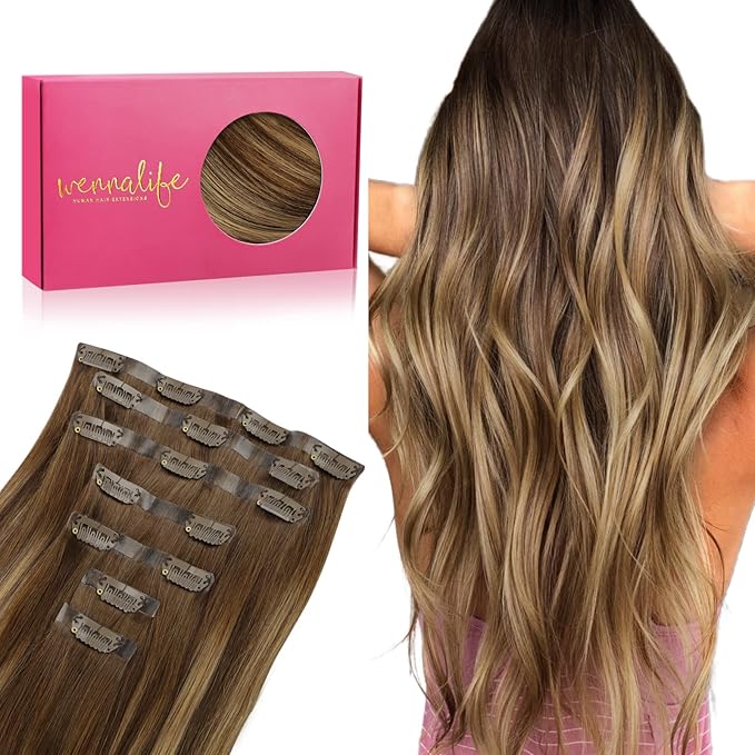WENNALIFE Seamless Clip In Hair Extensions, 20 Inch 150g 7pcs Balayage Chocolate Brown to Caramel Blonde Hair Extensions Clip In Human Hair Invisible PU Skin Weft Natural Remy Human Hair Extensions
