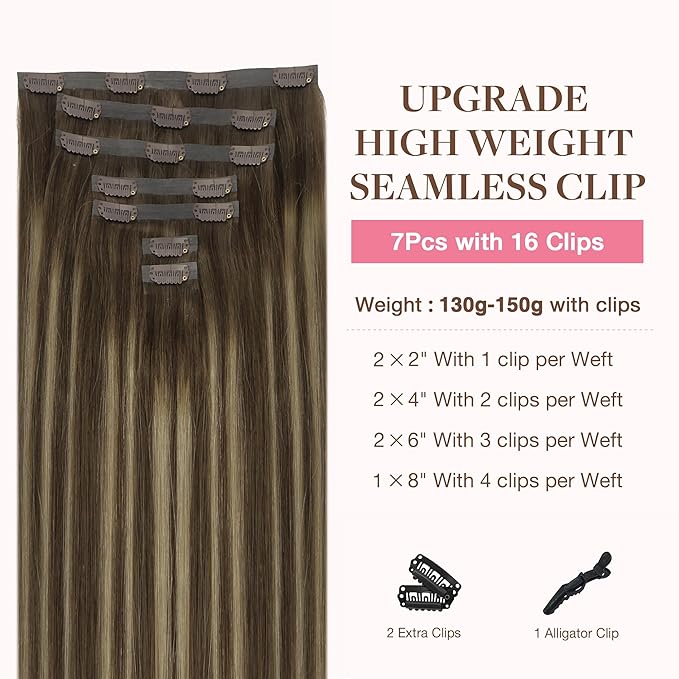 GOO GOO Clip in Hair Extensions Real Human Hair, Remy Human Hair Extensions Clip ins for Women, Natural Human Hair, 24inch 160g 7Pcs, 4/26/4 Balayage Chocolate Brown to Honey Blonde