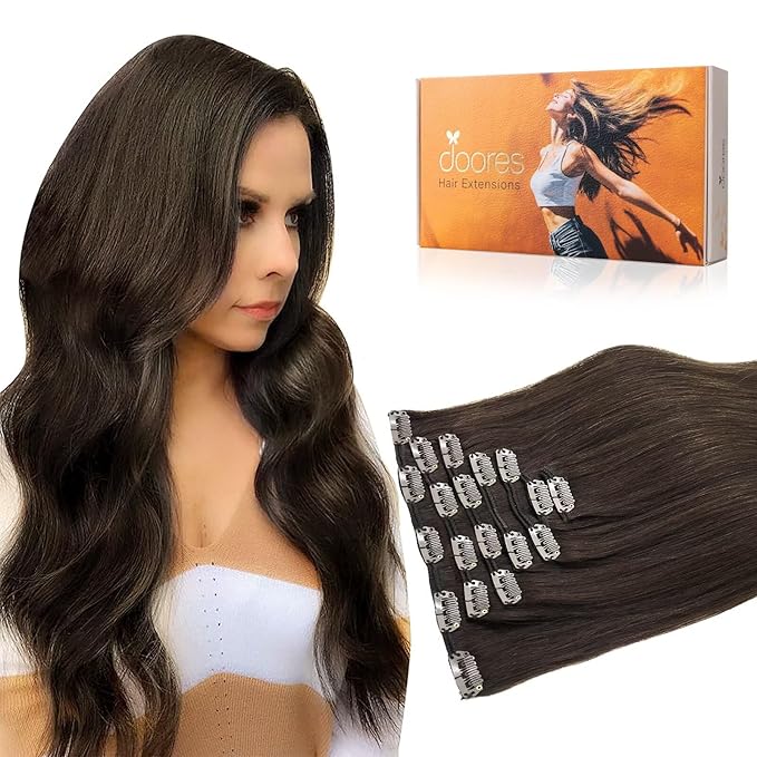 DOORES Hair Extensions Real Human Hair, Light Dark Brown 18 Inch 135g 7pcs, Thick Clip in Extensions Remy Weft Natural for Birthday Gift