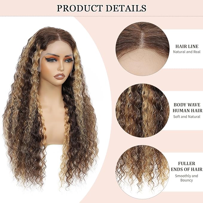 32 Inch Highlight Ombre Human Hair Wigs 13x6 HD Honey Blonde Deep Wave Lace Front Wigs Human Hair 180 Density Glueless Deep Wave 4/27 Colored Wet and Wavy Curly Wig Pre Plucked for Women