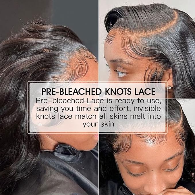 Lemoda Pre-Bleached Knots Full 13x6 Lace Frontal Virgin Human Hair Wigs 210% Density Body Wave 13x6 HD Transparent Lace Front Wig 18Inch Invisible Lace Tiny Knots Natural Black