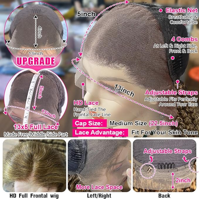 CYNOSURE 13x5 Highlight Ombre Lace Front Wig Human Hair 427 Colored Honey Blonde Deep Wave Curly Wig 180% Density HD Transparent Lace Frontal Wigs Human Hair 22 Inch