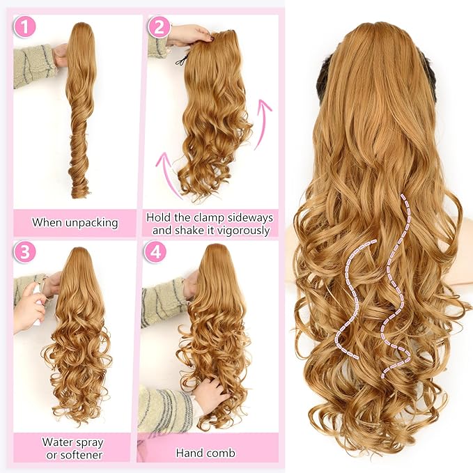 ALXNAN Ponytail Extension,24 Inch Claw Clip in Long Curly Wavy Light Orange Blonde Ponytail Hair Extension Jaw Clip on Pony Tails Hairpiece for Women