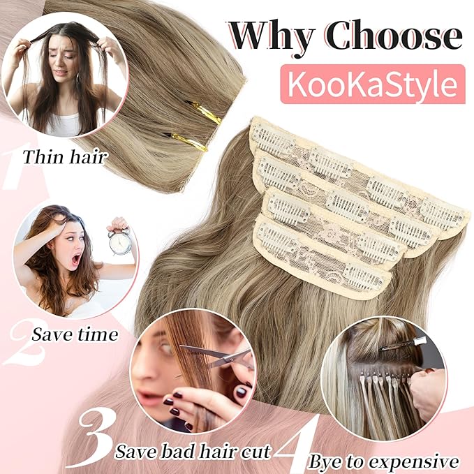 KooKaStyle Clip in Synthetic Hair Extensions Long Wavy 4PCS Thick Hairpieces Ash Blonde Balayage Fiber Double Weft Natural Hair Extensions 20 Inch for Women