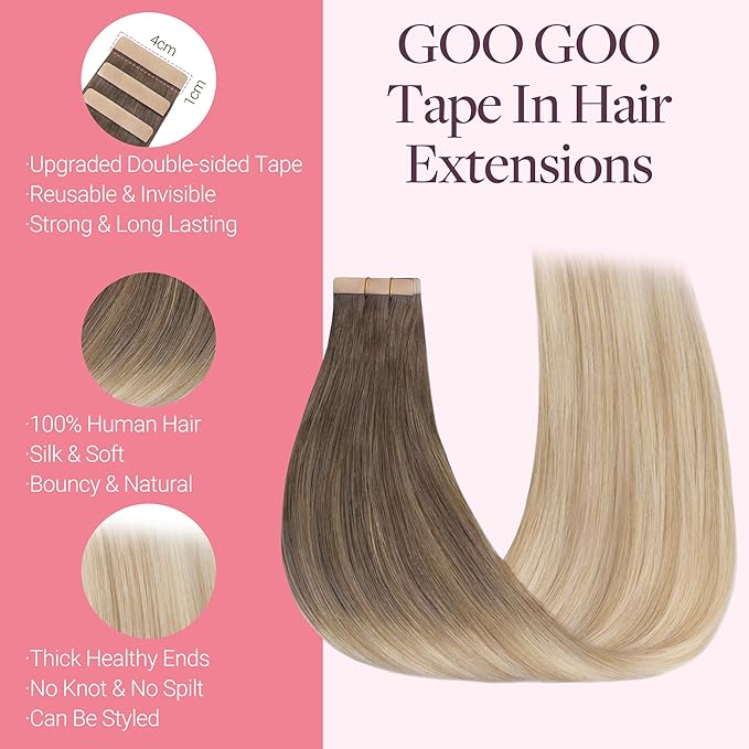 GOO GOO Tape in Hair Extensions Human Hair, 9/18J/60 Chocolate Brown to Champagne Blonde Balayage, 14inch 50g 20pcs, Skin Weft Seamless Invisible, Silky Straight with Thick Ends, Remy Human Hair