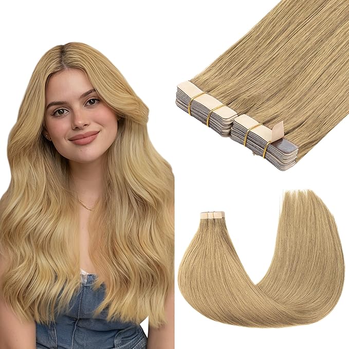 GOO GOO Tape in Hair Extensions Human Hair, 7 Bronde, 16inch 100g 40pcs, Skin Weft Seamless Invisible, Silky Straight with Thick Ends, Remy Human Hair