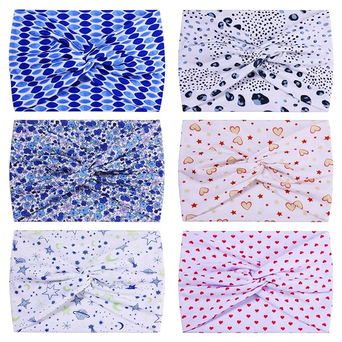 Extra Wide Headbands for Women, 7'' Large Cotton Like Turban Knotted Bandana Head Bands for Women Non Slip, Boho Headbands for Women's Hair (6PCS Print 1, average size)
