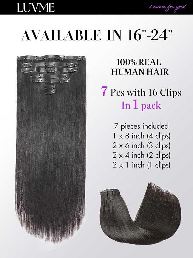 LUVME Straight Seamless 110g 7Pcs Clip in Hair Extensions Full Max with 18inch Remy Human Hair Extensions, Natural Black 100% Real Soft Human Hair