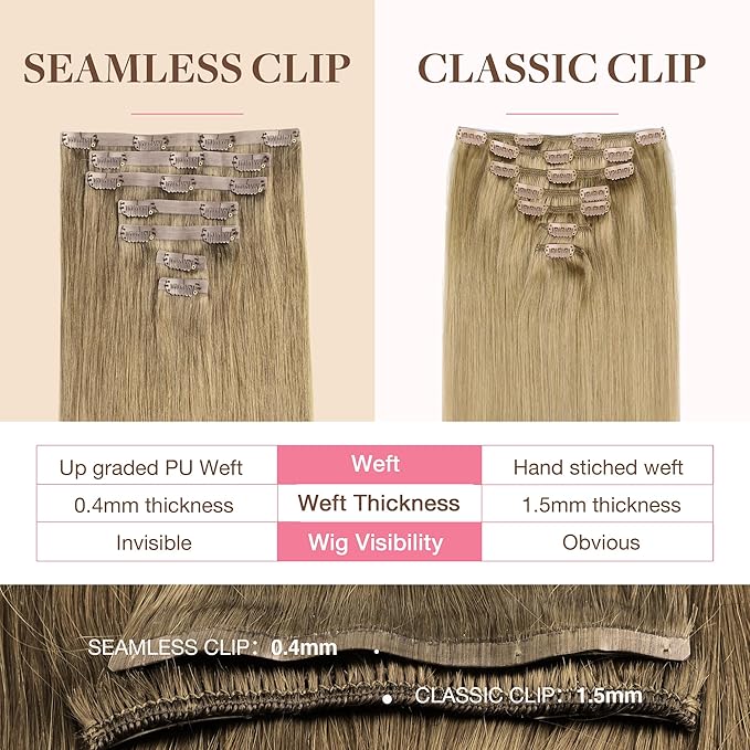 GOO GOO Clip in Hair Extensions Real Human Hair, Remy Human Hair Extensions Clip ins for Women, Natural Human Hair, 18inch 130g 7Pcs, 7 Bronde