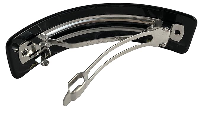 French Amie Volume Black Large Curved Handmade Strong Grip Celluloid Automatic Hair Clip Barrette (Black Finish)