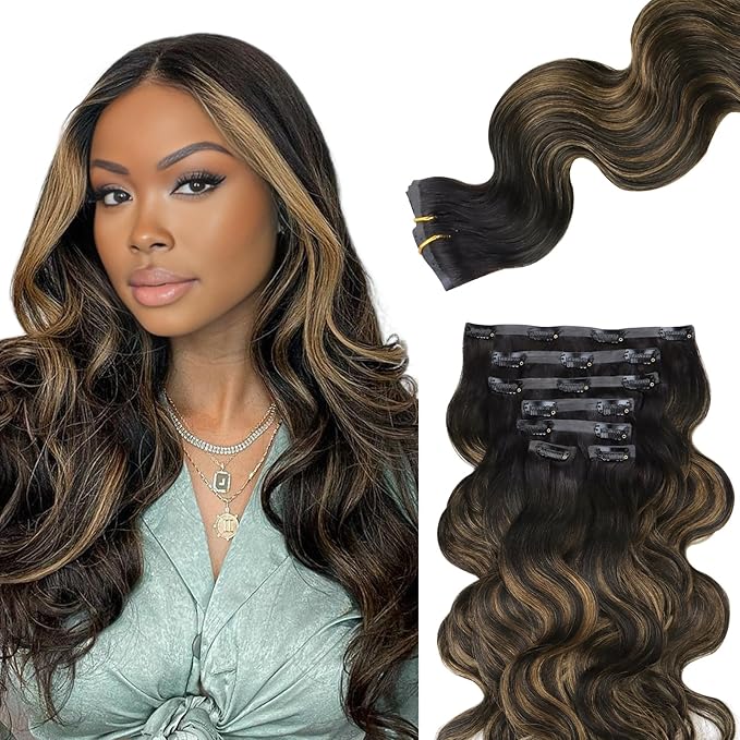 Lashey Seamless Clip in Hair Extensions Human Hair Natural Black Mixed Chestnut Brown Body Wave Clip in Hair Extensions with Invisi Edge 7pcs 110g 22 Inch