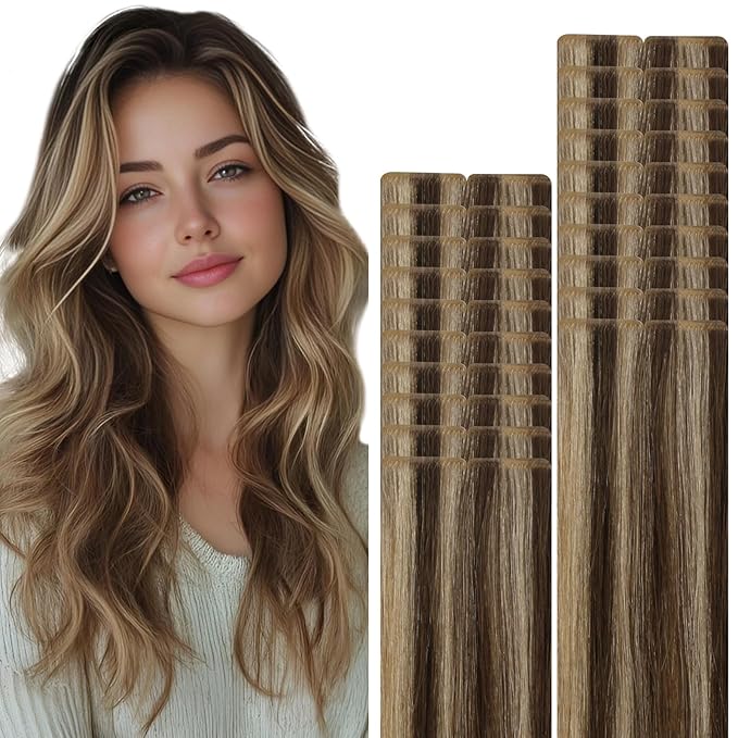 VINBAO 60g Invisi Edge Tape in Extensions Human Hair 22in 20pcs Chocolate Brown Highlighted Caramel Blonde Seamless Injection Tape in Hair Extensions 22inch #4P27