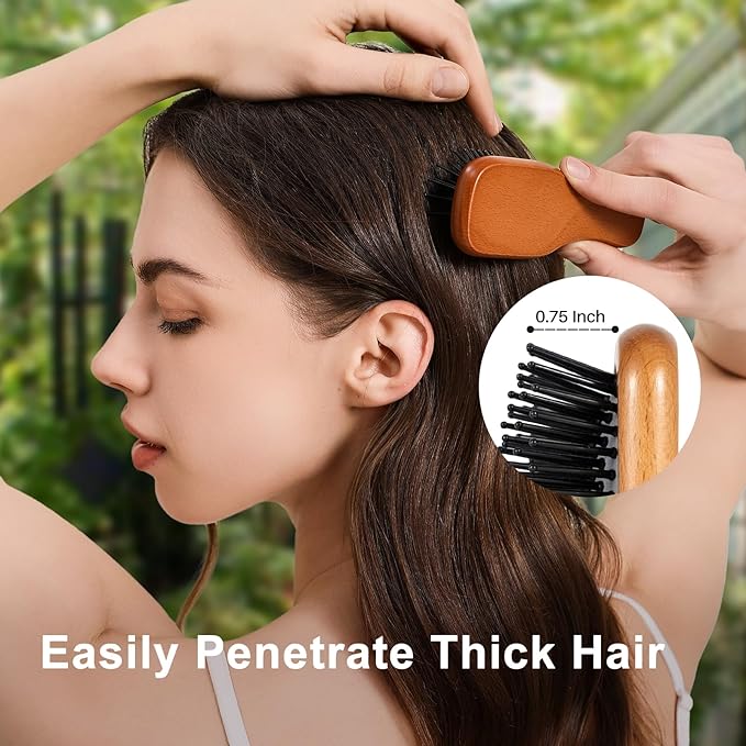 RHOS Mini Hair Brush for Women,Men and Kids-Travel Size Hair Brush for Purse,Pocket,backpack-Small Cushion Paddle Brush with Soft Bristles-Mini Detangler Brush for All Hair Types(1 Pack-Beech)