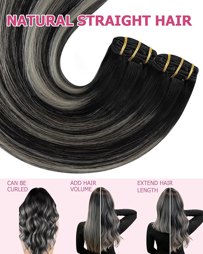 YoungSee 150G Clip in Hair Extensions Balayage Black Mix Silver Hair Extensions Clip ins Black Ombre Clip in Human Hair Extensions Long Straight Hair 24Inch 7Pcs